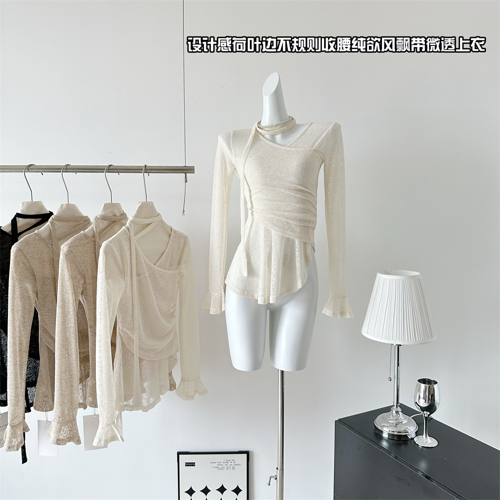 2024 Autumn Korean Style Ruffle Asymmetric Waist T-Shirt with Ribbon