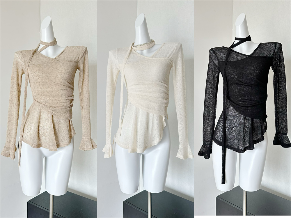 2024 Autumn Korean Style Ruffle Asymmetric Waist T-Shirt with Ribbon - Image 2