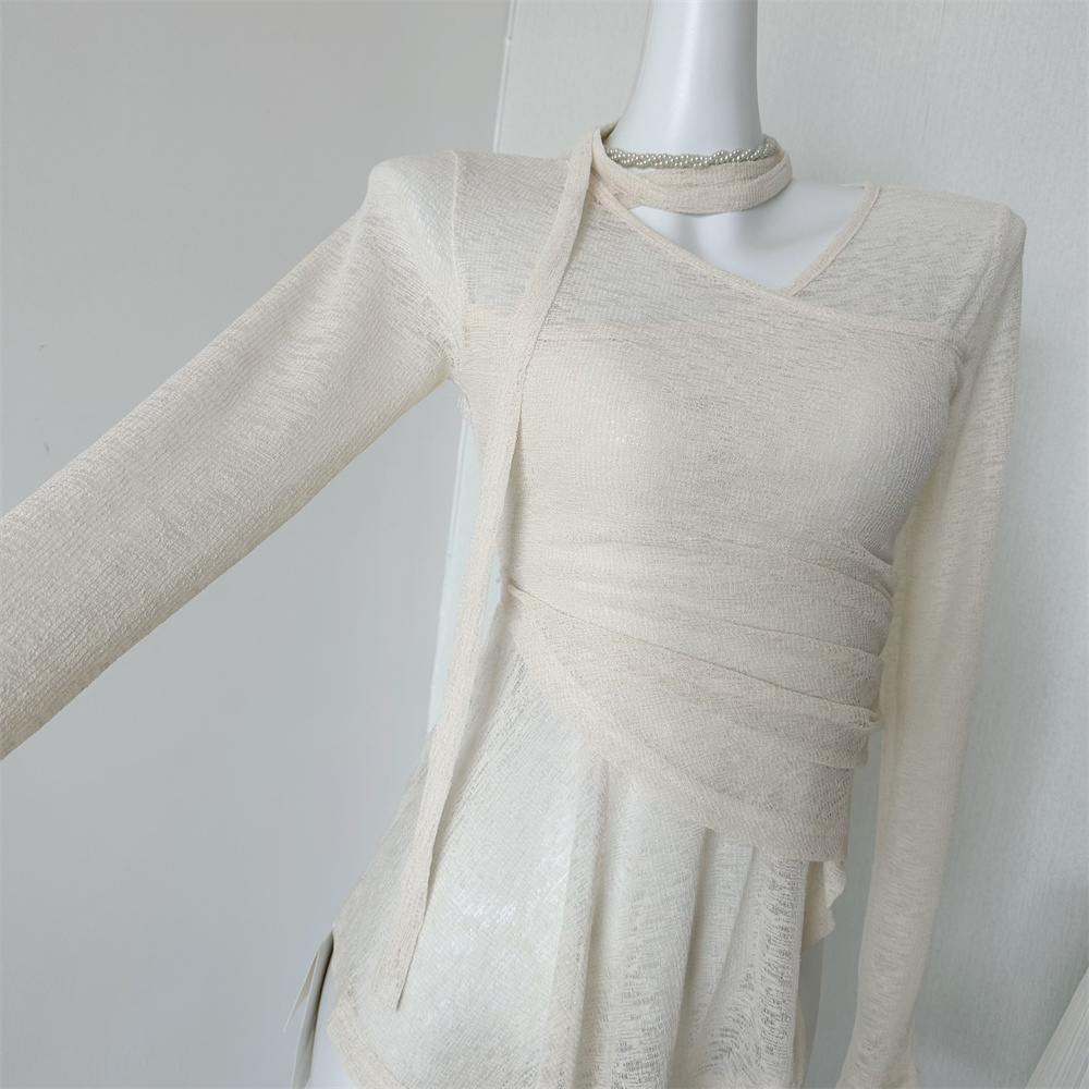 2024 Autumn Korean Style Ruffle Asymmetric Waist T-Shirt with Ribbon - Image 4