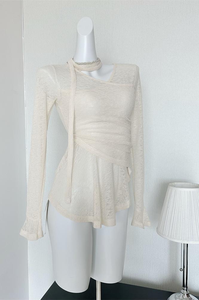 2024 Autumn Korean Style Ruffle Asymmetric Waist T-Shirt with Ribbon - Image 5
