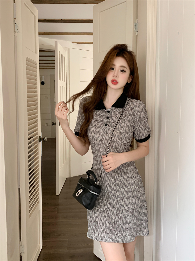 2026 Summer French Sweet Short Sleeve Dress with Polo Collar and Waist Cinching Slimming Date Dress
