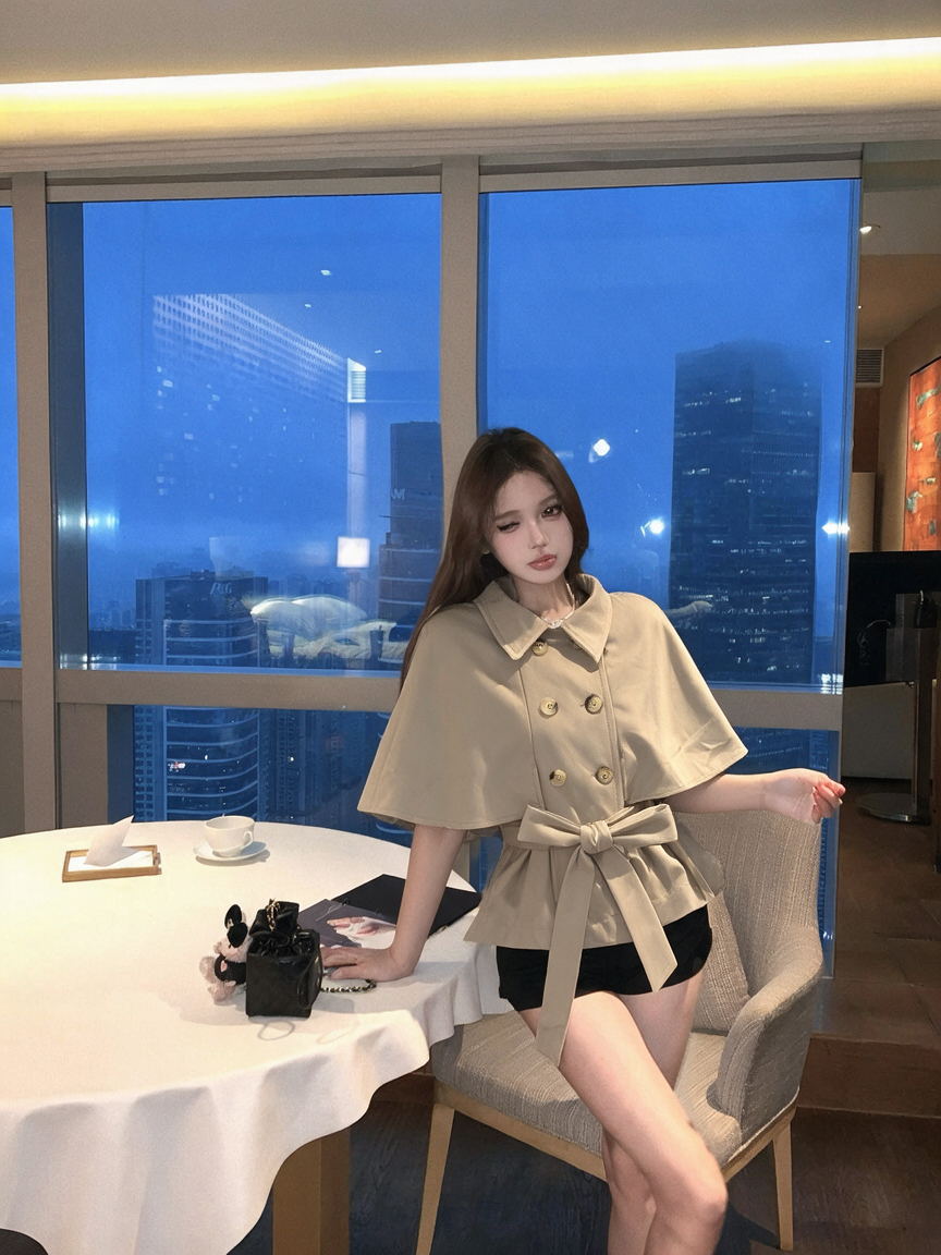 British Style Double Breasted Cape Trench Coat Women Early Autumn Short Belted Short Sleeve Jacket