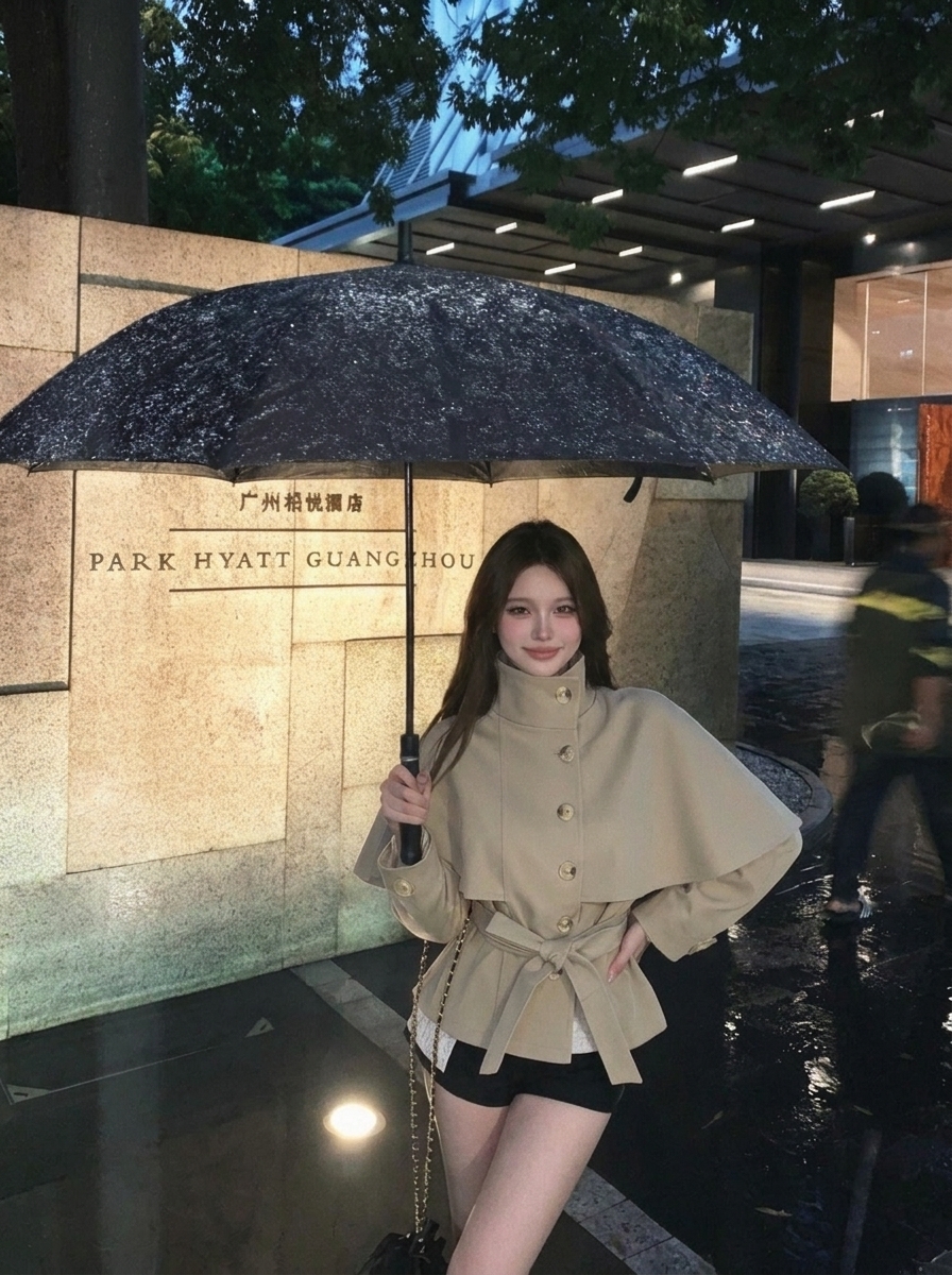 British Style Double Breasted Cape Trench Coat Women Early Autumn Short Belted Short Sleeve Jacket - Image 2