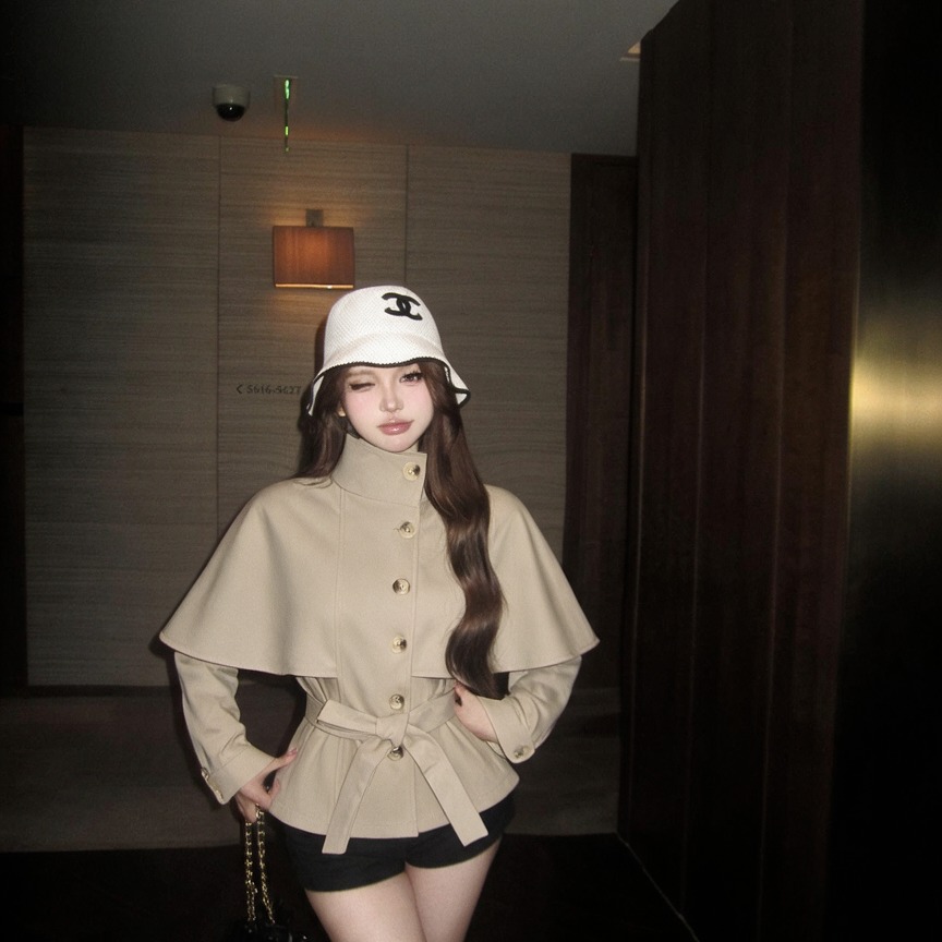 British Style Double Breasted Cape Trench Coat Women Early Autumn Short Belted Short Sleeve Jacket - Image 5