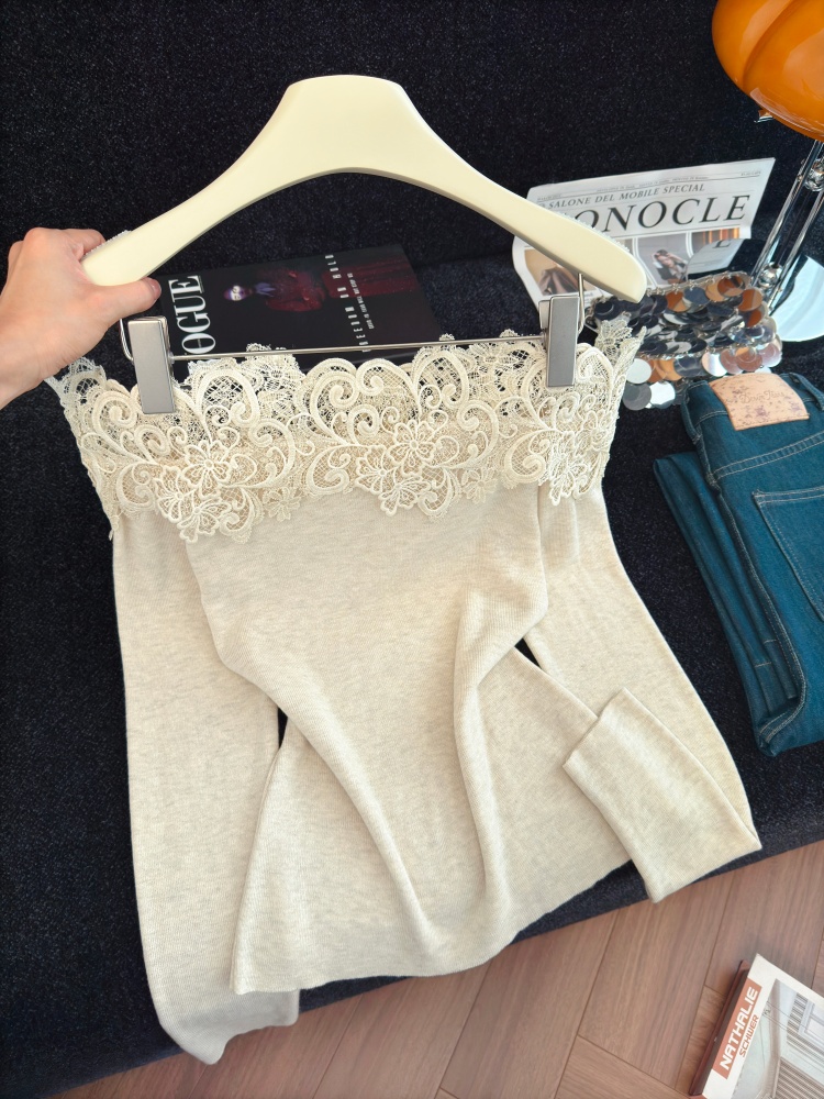 French Style Lace Patchwork Knit Top Women Off-Shoulder Slimming Long Sleeve