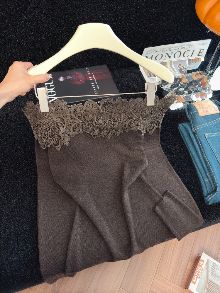 French Style Lace Patchwork Knit Top Women Off-Shoulder Slimming Long Sleeve - Image 2