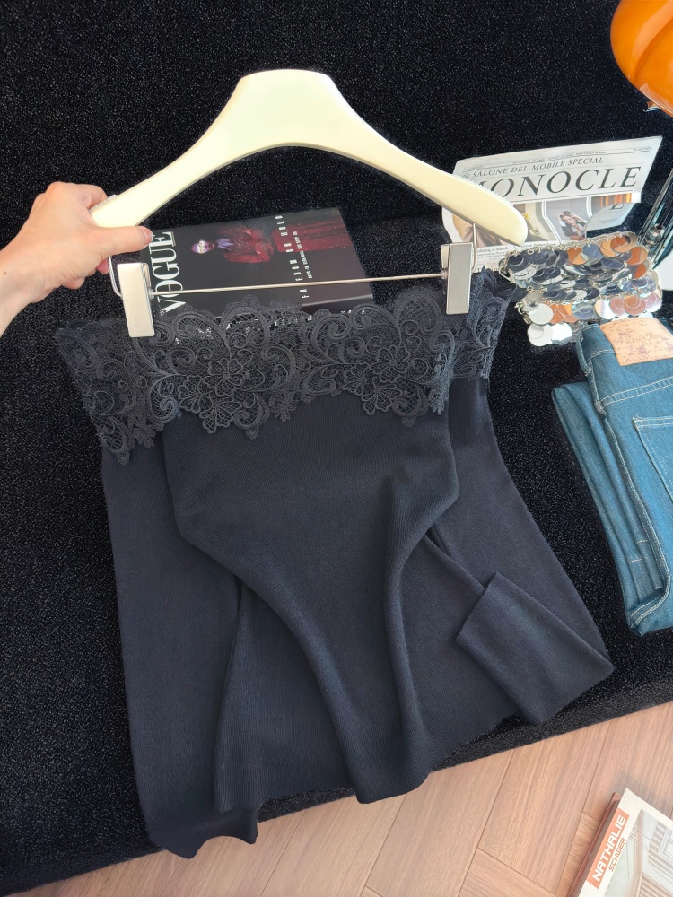 French Style Lace Patchwork Knit Top Women Off-Shoulder Slimming Long Sleeve - Image 3
