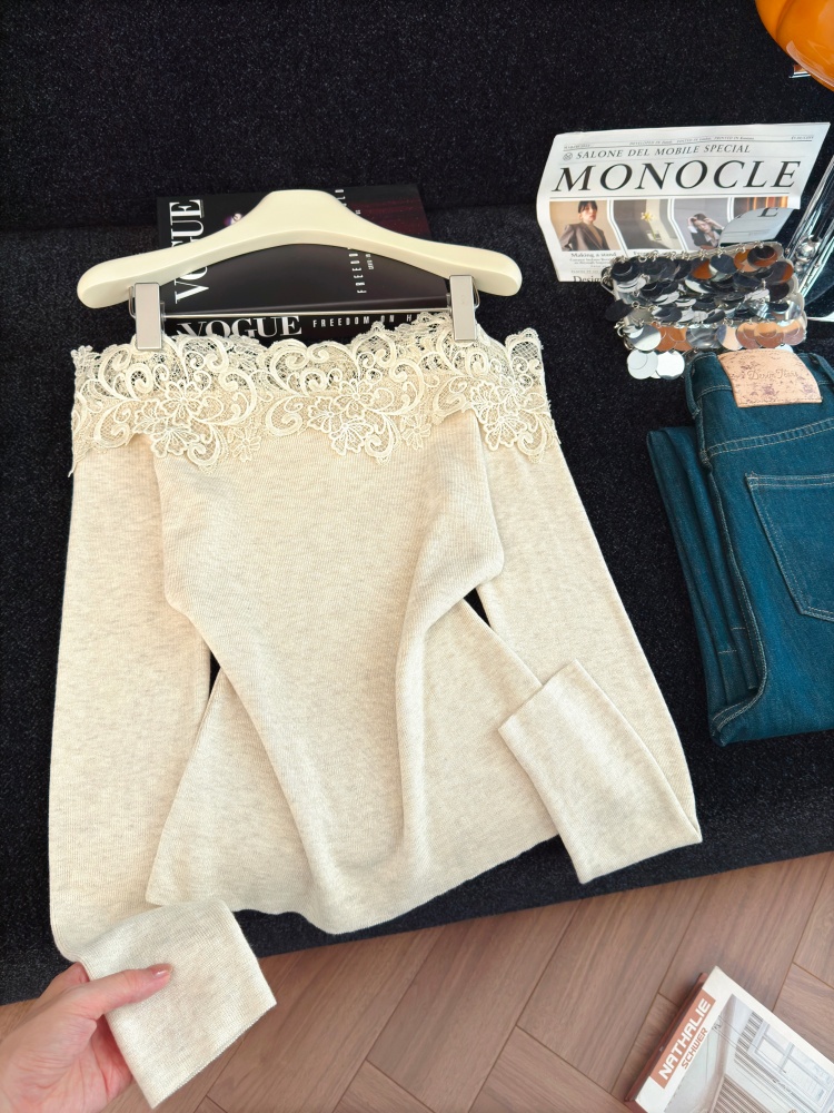 French Style Lace Patchwork Knit Top Women Off-Shoulder Slimming Long Sleeve - Image 4
