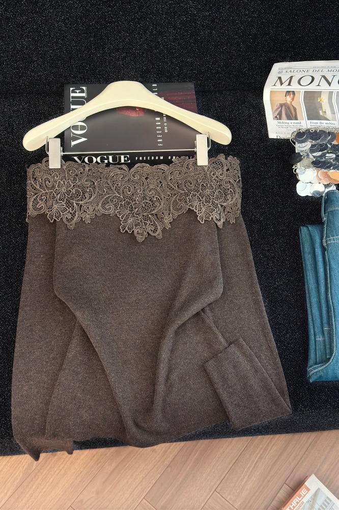 French Style Lace Patchwork Knit Top Women Off-Shoulder Slimming Long Sleeve - Image 5