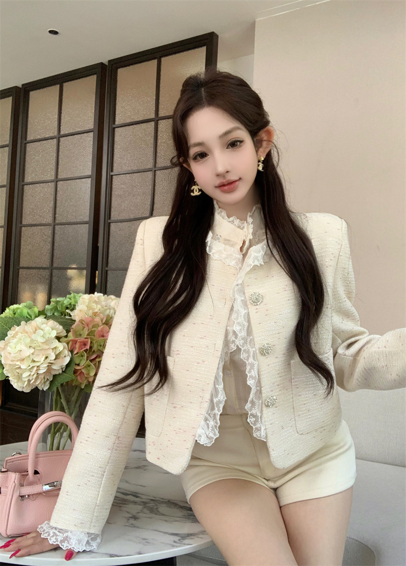French Tweed Short Jacket with Lace Trim - Women's Chic Spring 2026