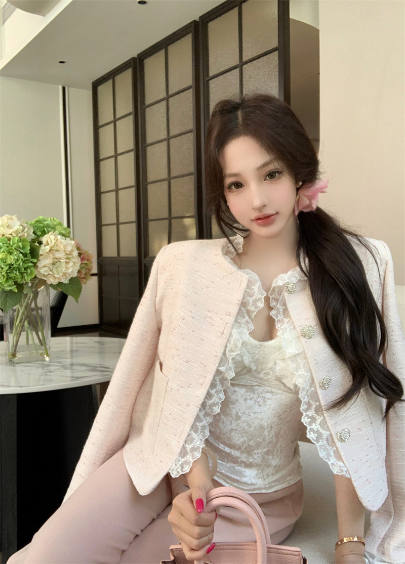 French Tweed Short Jacket with Lace Trim - Women's Chic Spring 2026 - Image 3