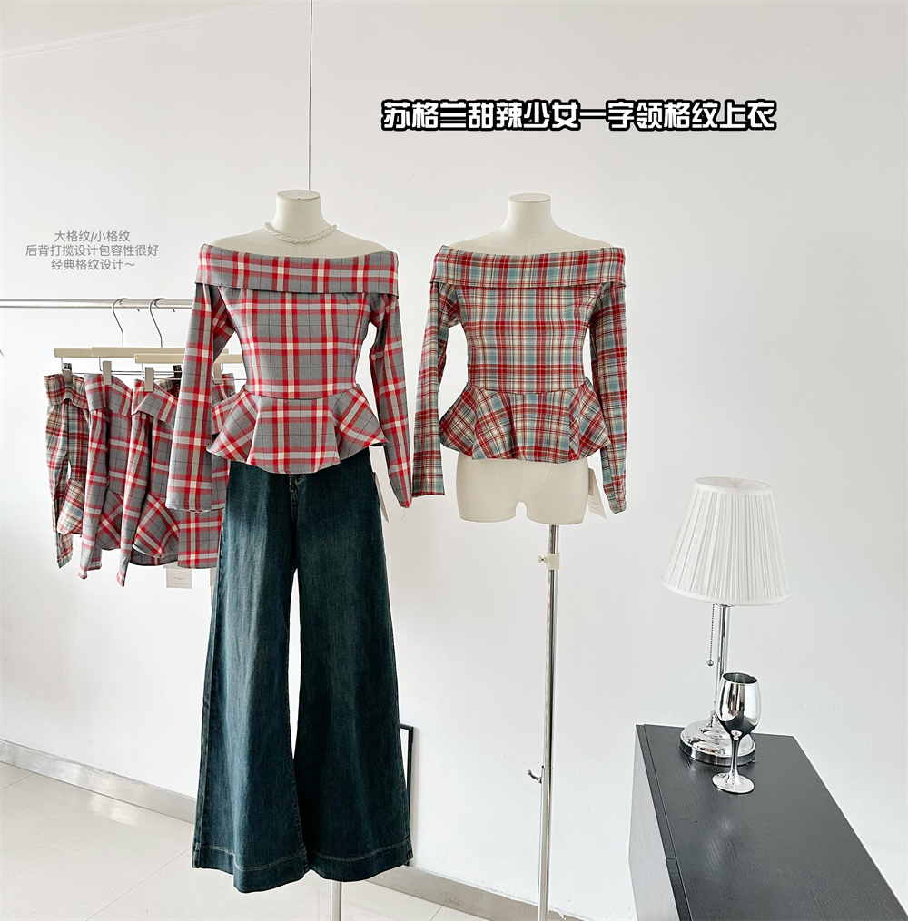 French Vintage Off-Shoulder Plaid Shirt Women 2024 Autumn Korean Style Short Crop Top