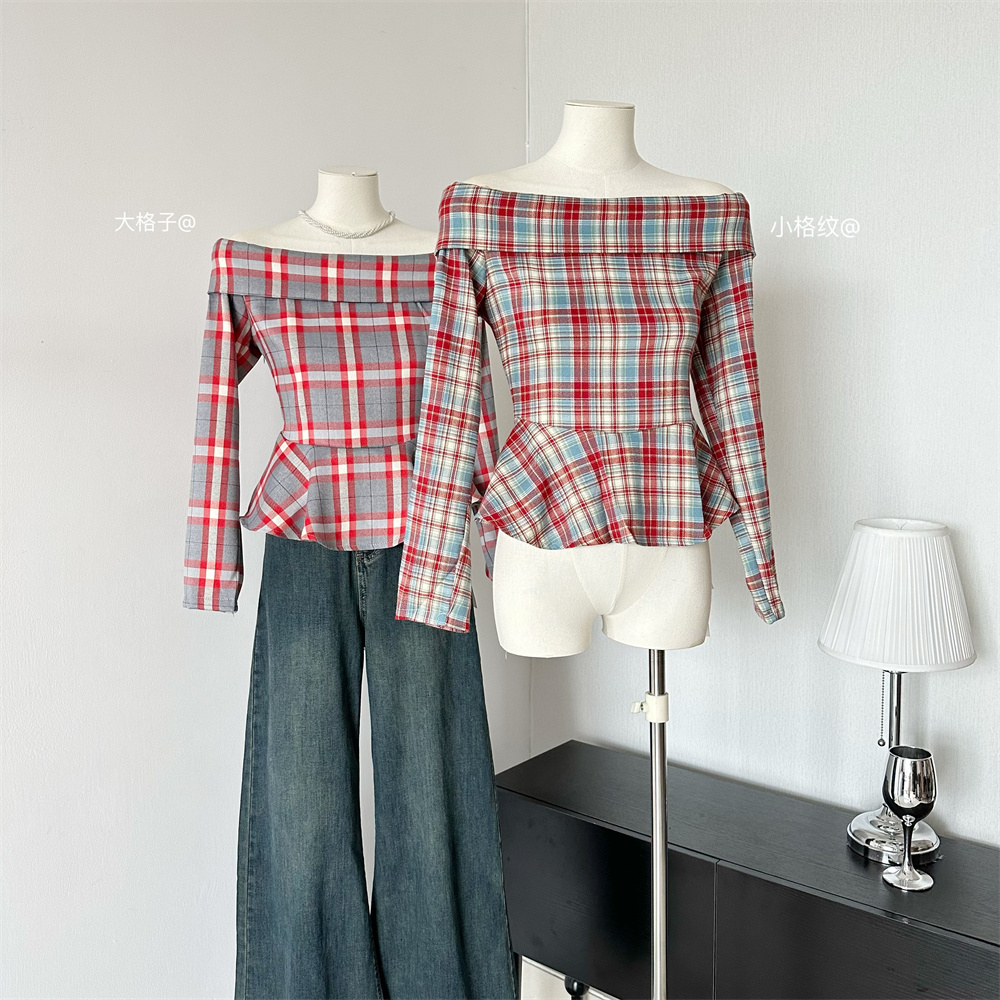 French Vintage Off-Shoulder Plaid Shirt Women 2024 Autumn Korean Style Short Crop Top - Image 2