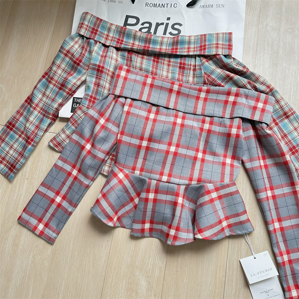 French Vintage Off-Shoulder Plaid Shirt Women 2024 Autumn Korean Style Short Crop Top - Image 3