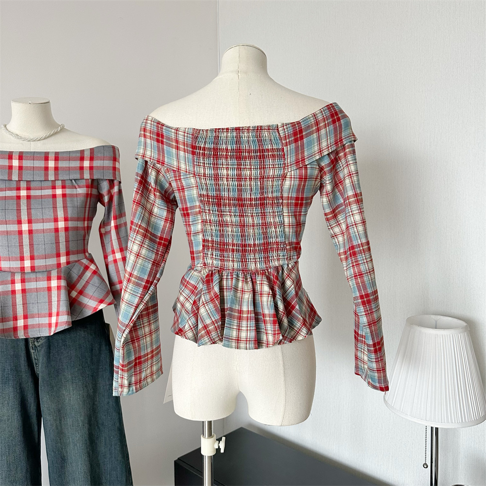 French Vintage Off-Shoulder Plaid Shirt Women 2024 Autumn Korean Style Short Crop Top - Image 4