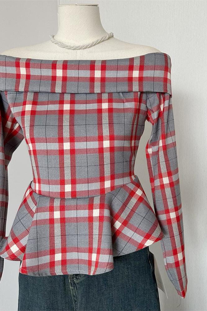 French Vintage Off-Shoulder Plaid Shirt Women 2024 Autumn Korean Style Short Crop Top - Image 5