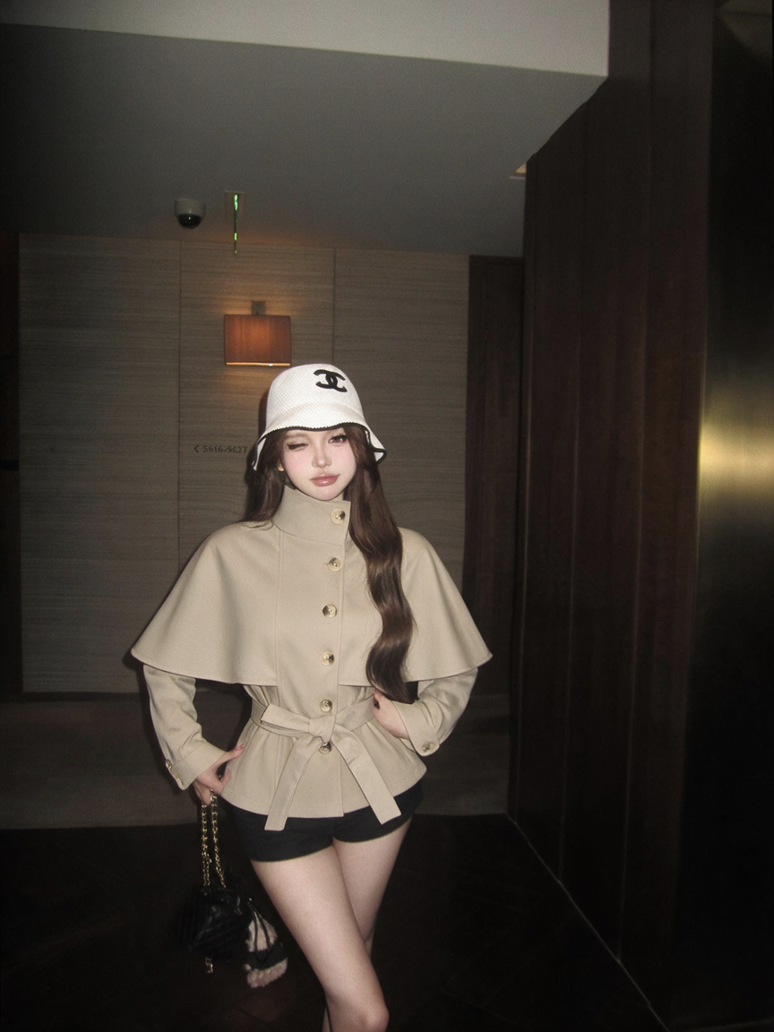 Korean Faux Two-Piece Cape Trench Coat with Collar and Double-Breasted Shirt