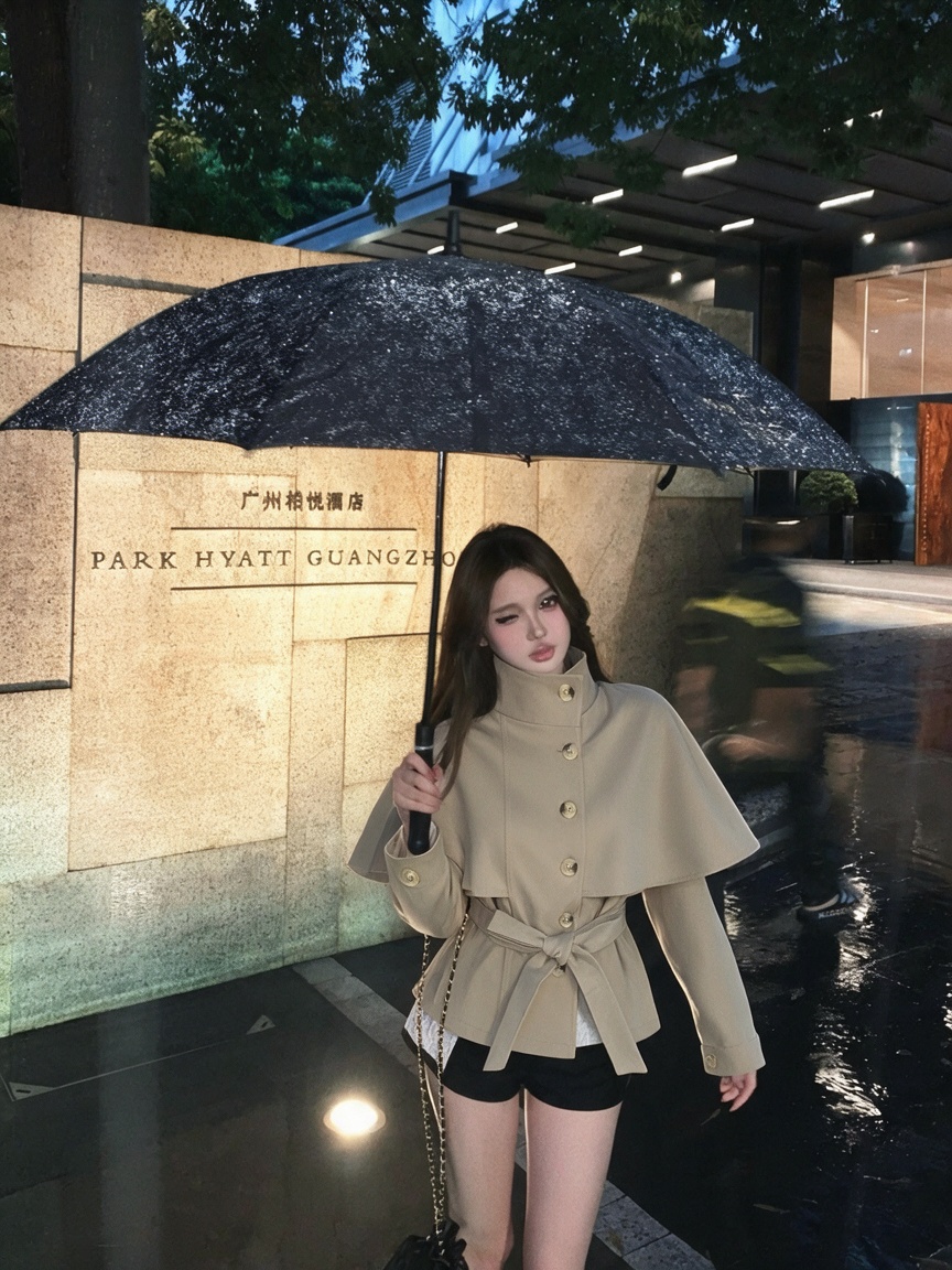 Korean Faux Two-Piece Cape Trench Coat with Collar and Double-Breasted Shirt - Image 2