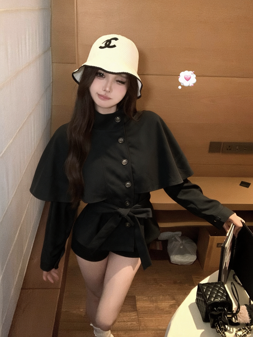 Korean Faux Two-Piece Cape Trench Coat with Collar and Double-Breasted Shirt - Image 3