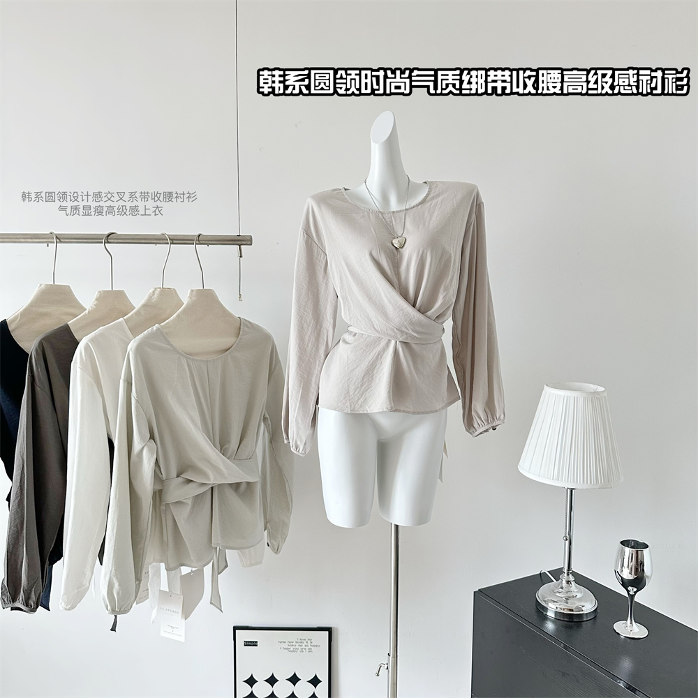 Korean Style Round Neck Cross Tie Waist Shirt Slimming Chic Top