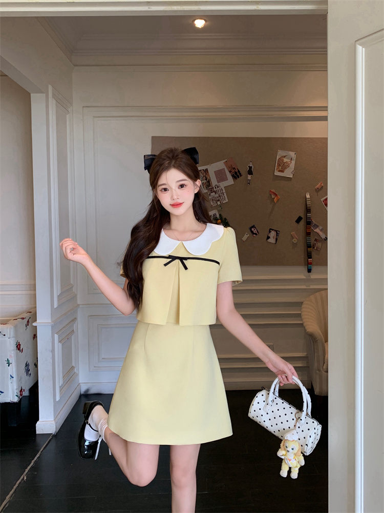 Light Yellow Sweet Round Neck Short Sleeve Dress Women Summer New Elegant A Line Mini Dress
