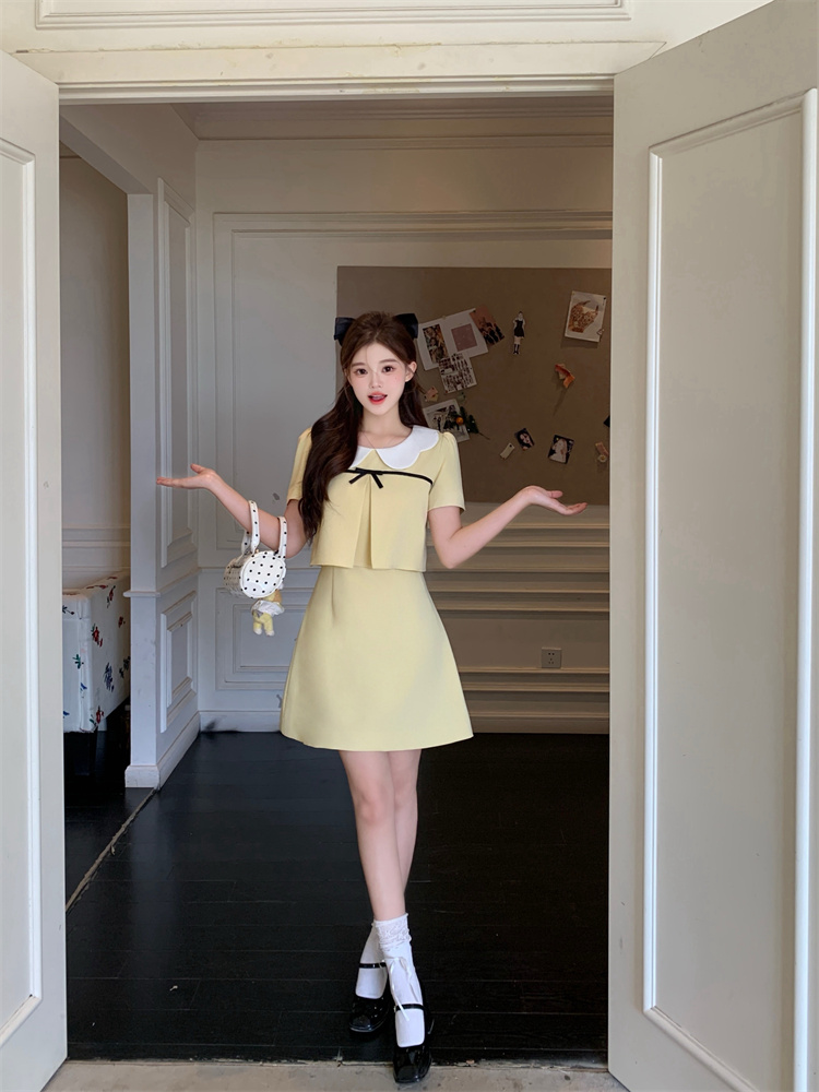 Light Yellow Sweet Round Neck Short Sleeve Dress Women Summer New Elegant A Line Mini Dress - Image 3