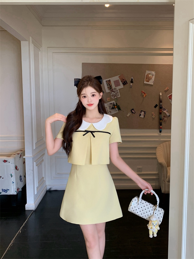 Light Yellow Sweet Round Neck Short Sleeve Dress Women Summer New Elegant A Line Mini Dress - Image 4