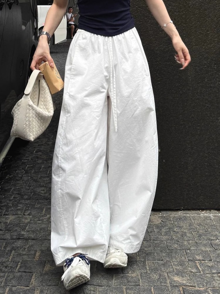 Minimalist White Drawstring Wide-Leg Pants Women Spring 2025 New Loose Casual Trousers