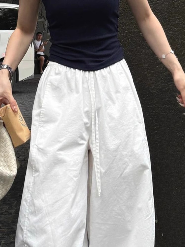Minimalist White Drawstring Wide-Leg Pants Women Spring 2025 New Loose Casual Trousers - Image 3