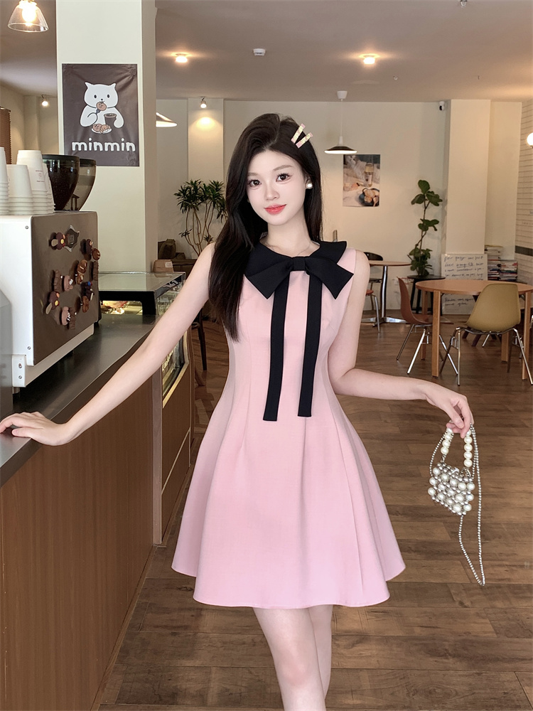 Pink Bow Halter Neck A-Line Mini Dress for Women Summer French Style Slim Fit - Style 8ba694
