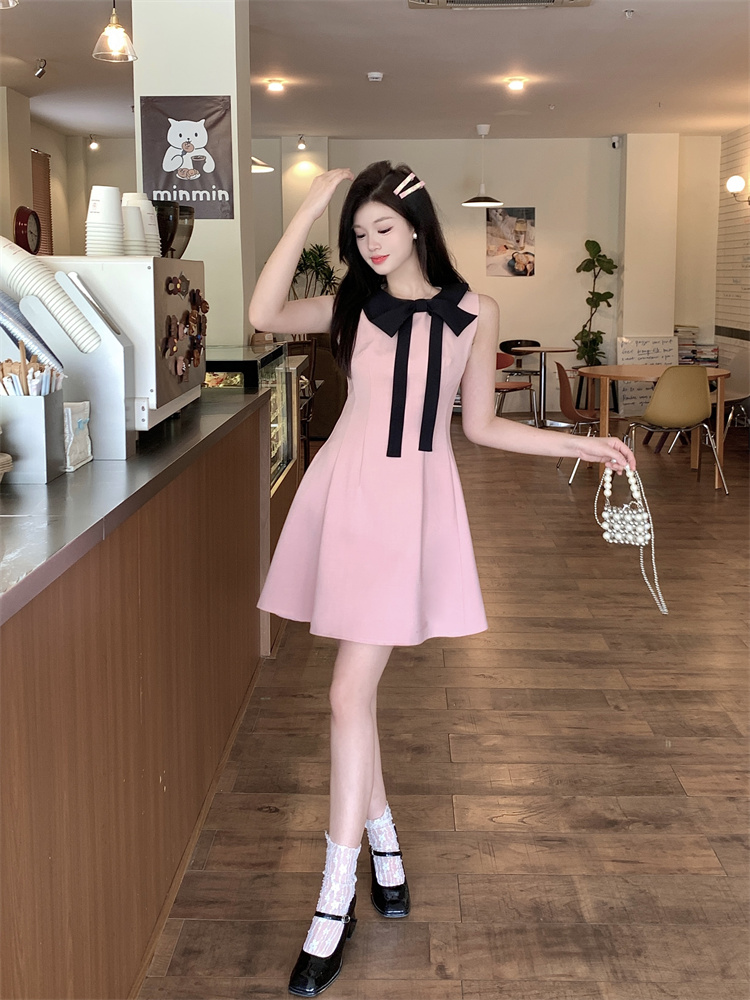 Pink Bow Halter Neck A-Line Mini Dress for Women Summer French Style Slim Fit - Style 8ba694 - Image 2