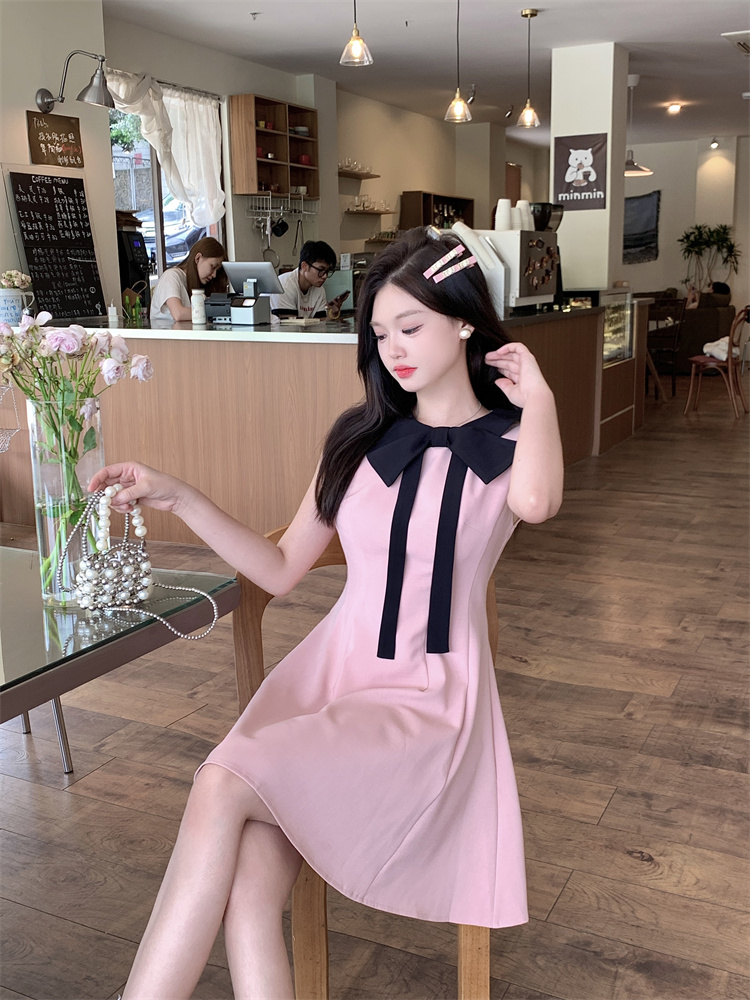Pink Bow Halter Neck A-Line Mini Dress for Women Summer French Style Slim Fit - Style 8ba694 - Image 3