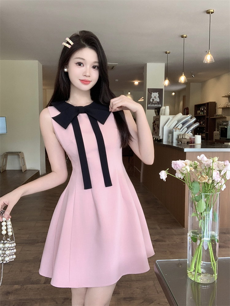 Pink Bow Halter Neck A-Line Mini Dress for Women Summer French Style Slim Fit - Style 8ba694 - Image 4
