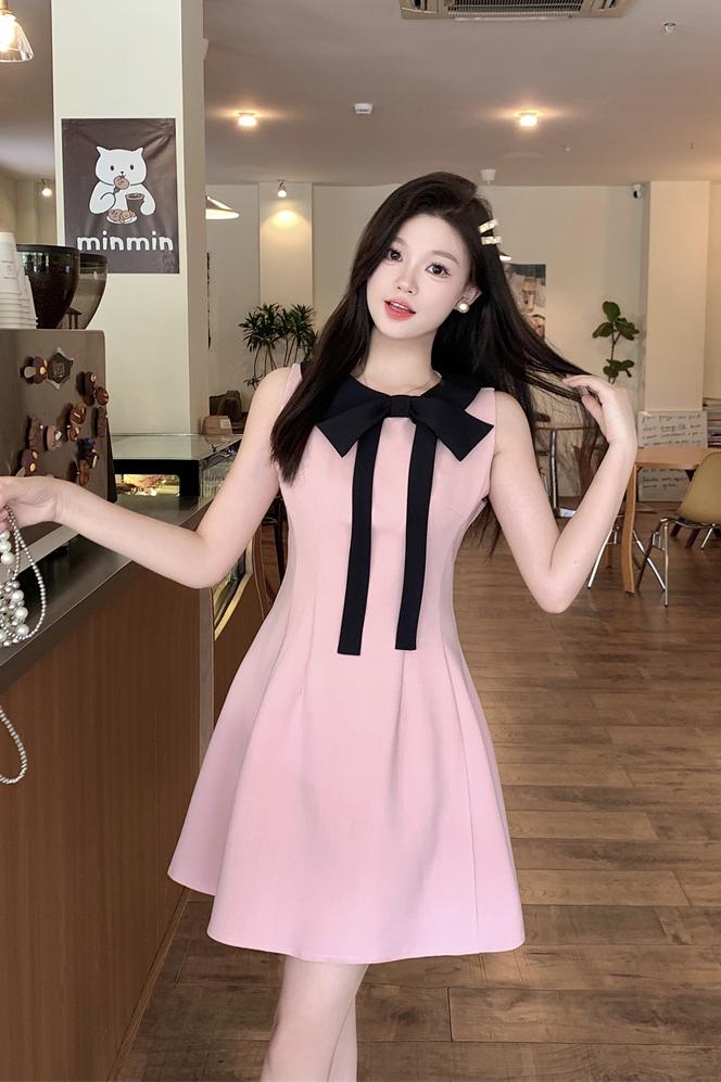 Pink Bow Halter Neck A-Line Mini Dress for Women Summer French Style Slim Fit - Style 8ba694 - Image 5