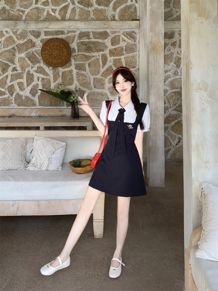 Korean Preppy Embroidered Color Block Faux Two Piece Dress - Style 8ad426