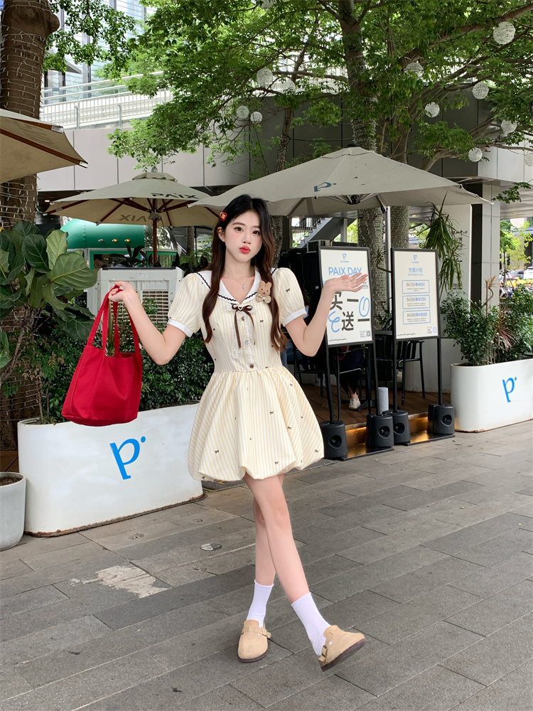 Sweet Yellow Puffball Mini Dress for Women Summer Short Sleeve - Image 2