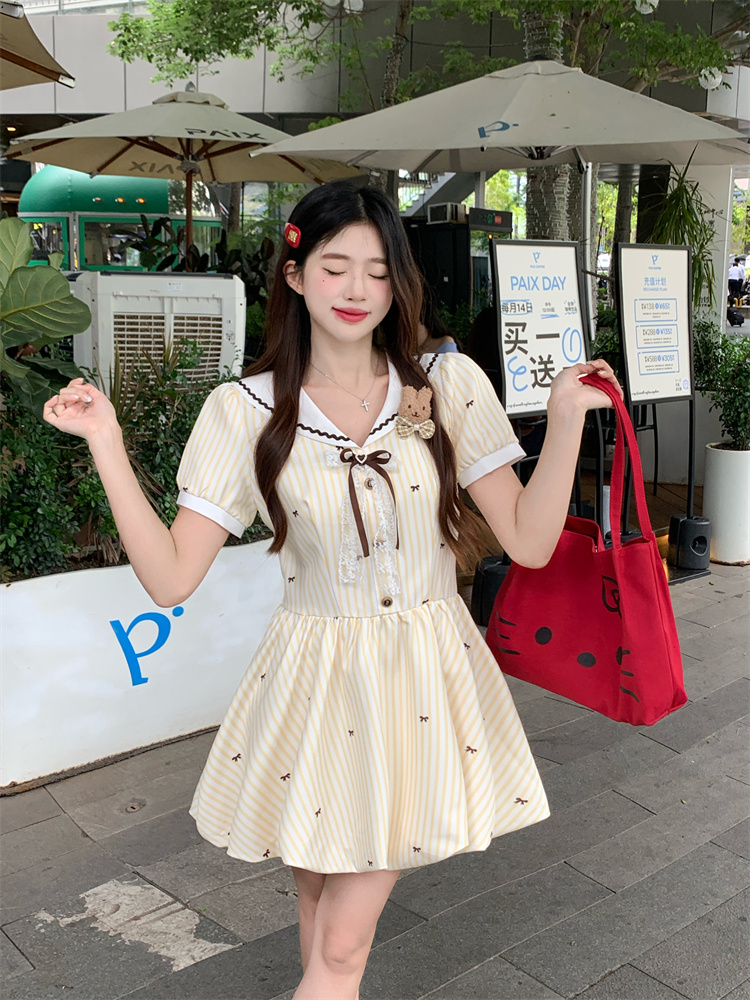 Sweet Yellow Puffball Mini Dress for Women Summer Short Sleeve - Image 3
