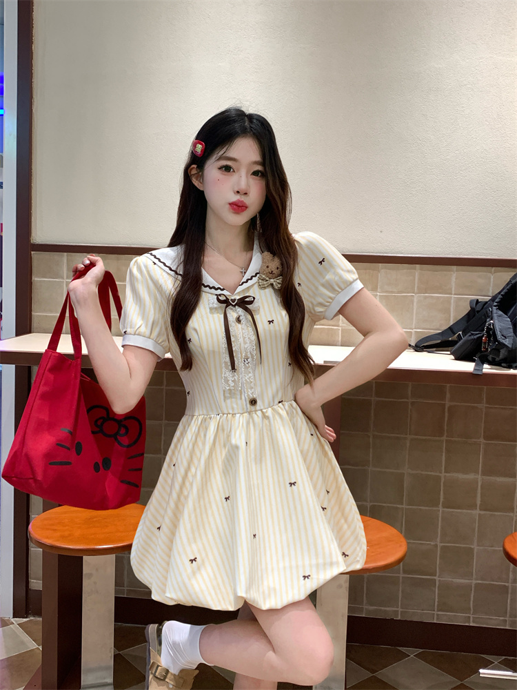 Sweet Yellow Puffball Mini Dress for Women Summer Short Sleeve - Image 4