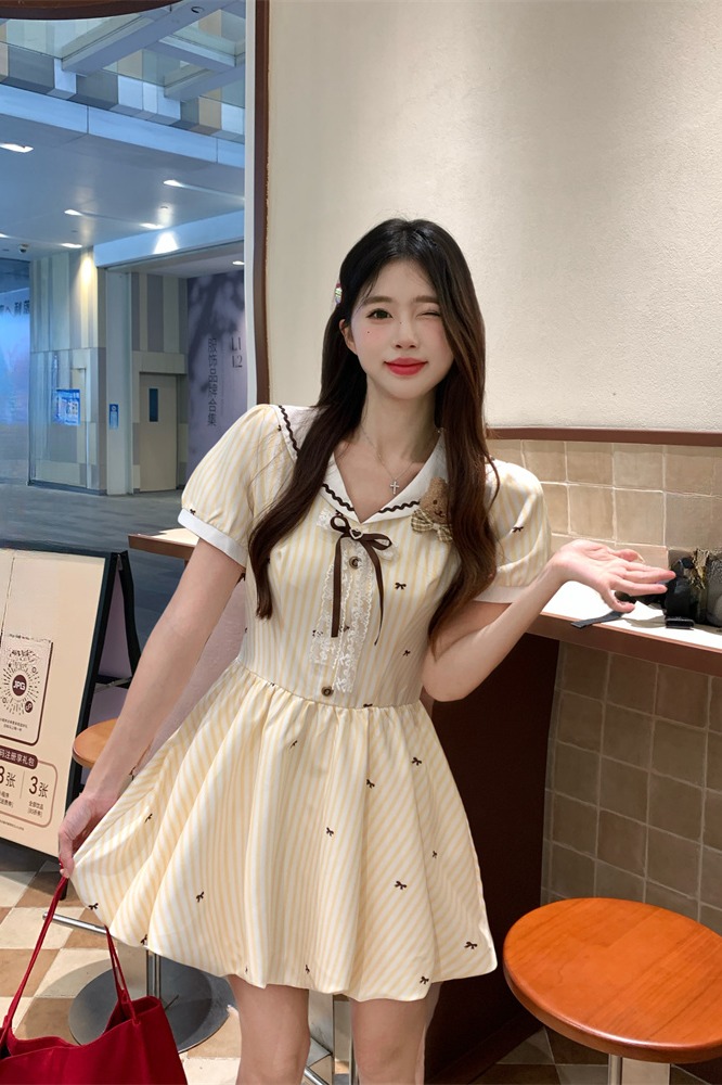 Sweet Yellow Puffball Mini Dress for Women Summer Short Sleeve - Image 5