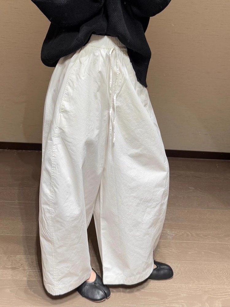 White Wide-Leg Barrel Pants for Women - Lightweight Drawstring High-Waist Sun Protection Casual Trousers