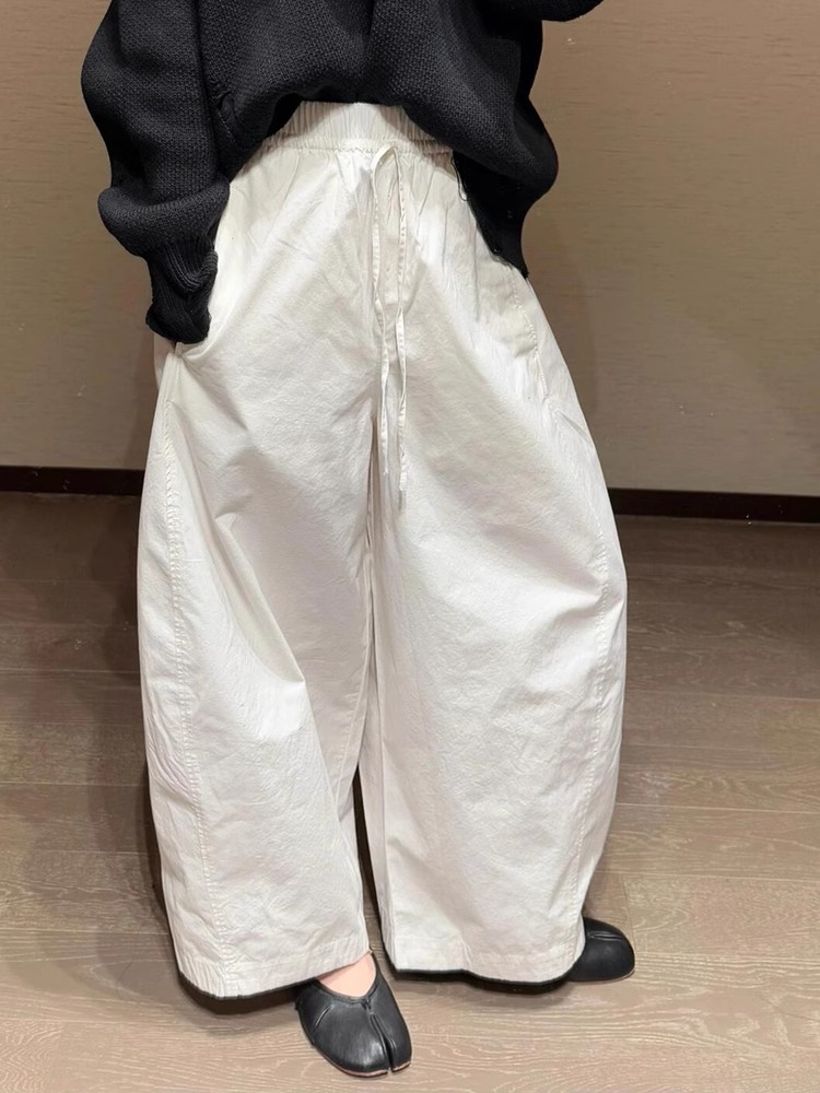 White Wide-Leg Barrel Pants for Women - Lightweight Drawstring High-Waist Sun Protection Casual Trousers - Image 2