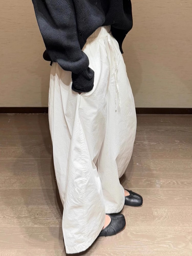 White Wide-Leg Barrel Pants for Women - Lightweight Drawstring High-Waist Sun Protection Casual Trousers - Image 3