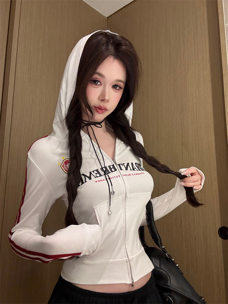 Women's American Retro Sporty Colorblock Print Hooded Cardigan Short Jacket 2026