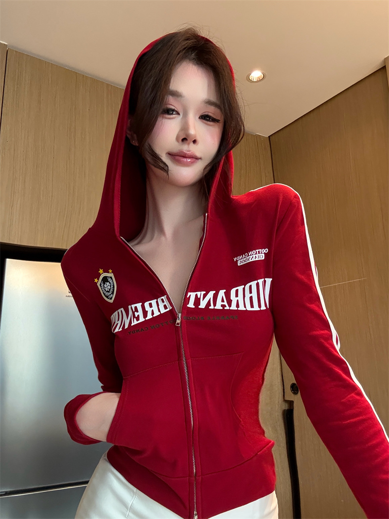 Women's American Retro Sporty Colorblock Print Hooded Cardigan Short Jacket 2026 - Image 2