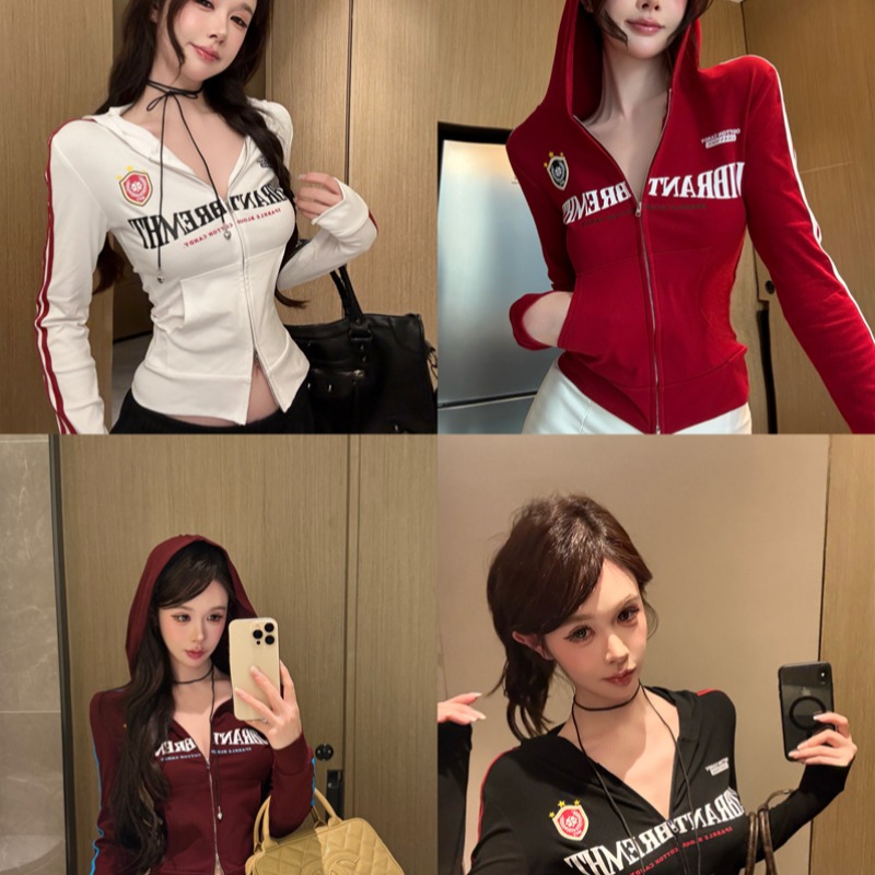 Women's American Retro Sporty Colorblock Print Hooded Cardigan Short Jacket 2026 - Image 5
