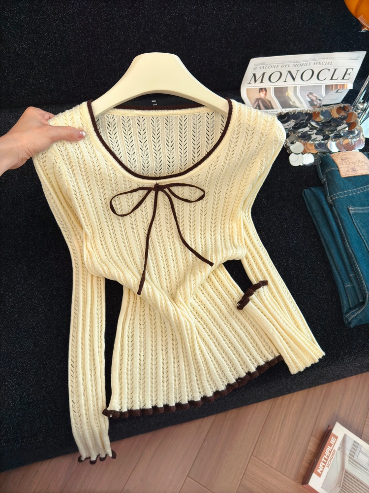Women's Color Block Knit Top with Tie Detail Long Sleeve Fall 2026 - Style 420c2e - Image 2