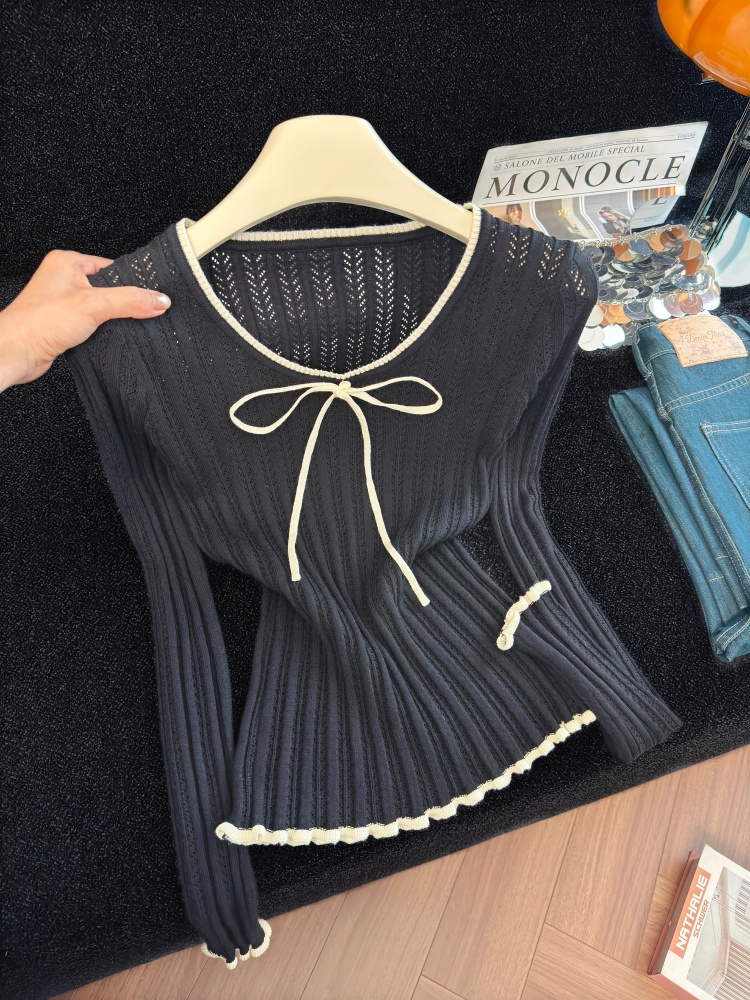Women's Color Block Knit Top with Tie Detail Long Sleeve Fall 2026 - Style 420c2e - Image 4