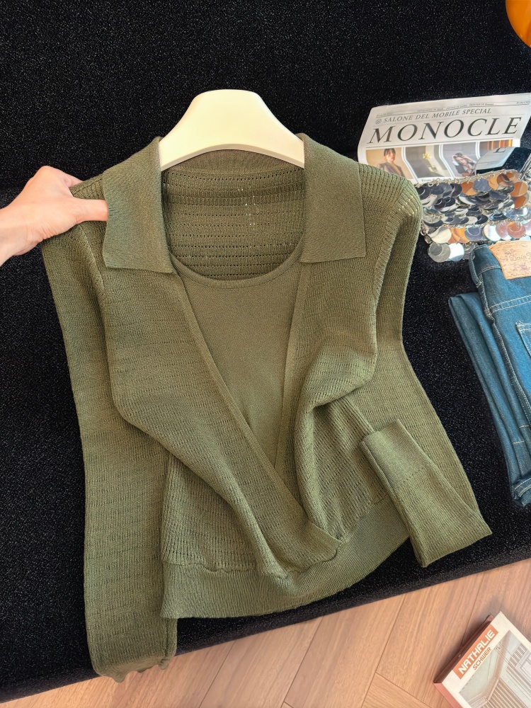 Women's Faux Two-Piece Knit Top with Polo Collar and Long Sleeves - Style 4212d3