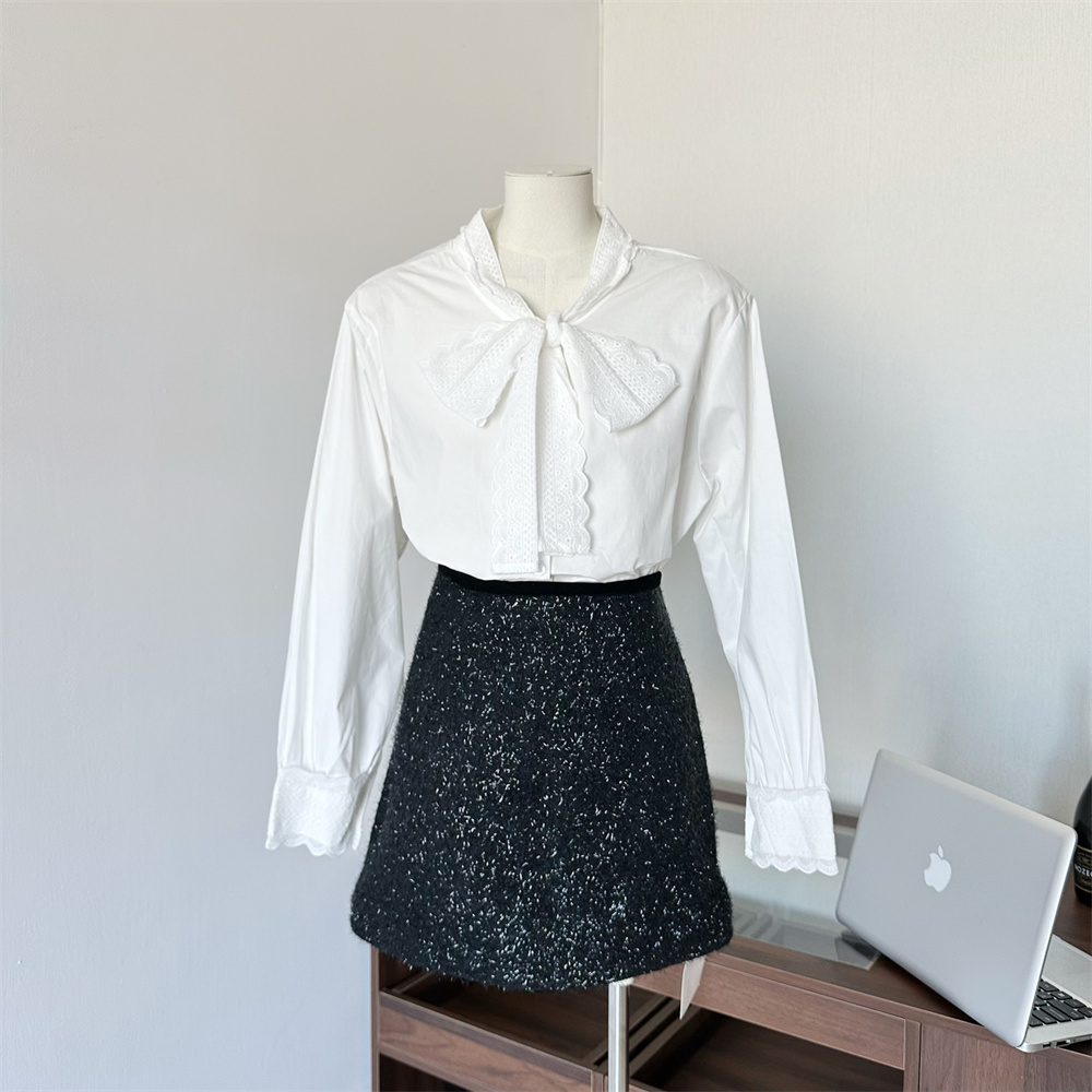Women's Lace Trim Ribbon Shirt French Retro Loose Fit Top - Image 2