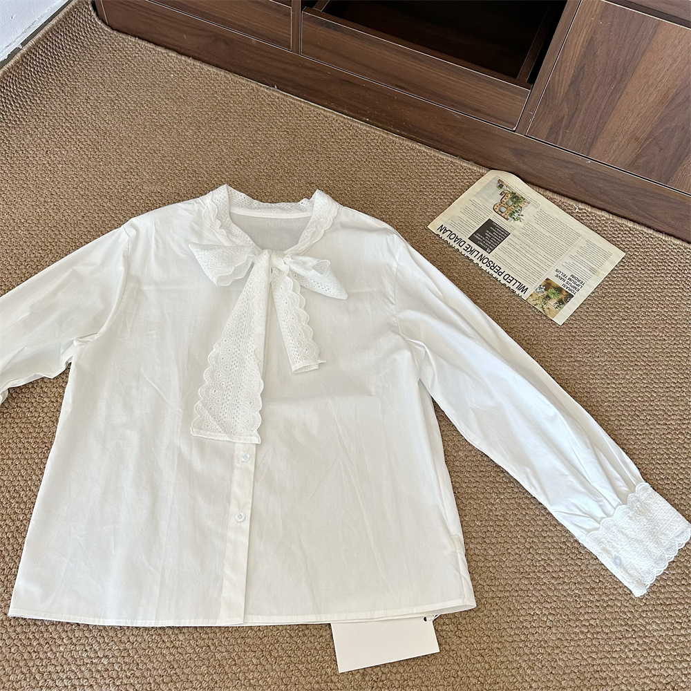 Women's Lace Trim Ribbon Shirt French Retro Loose Fit Top - Image 4